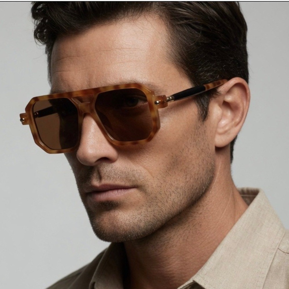 Mens Geometric Sunglasses Tortoiseshell Brown Lens Retro Fashion Design Shades